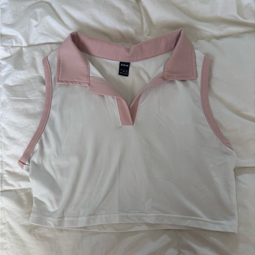 SHEIN Pink and White Sleeveless Polo Crop Tank Top
